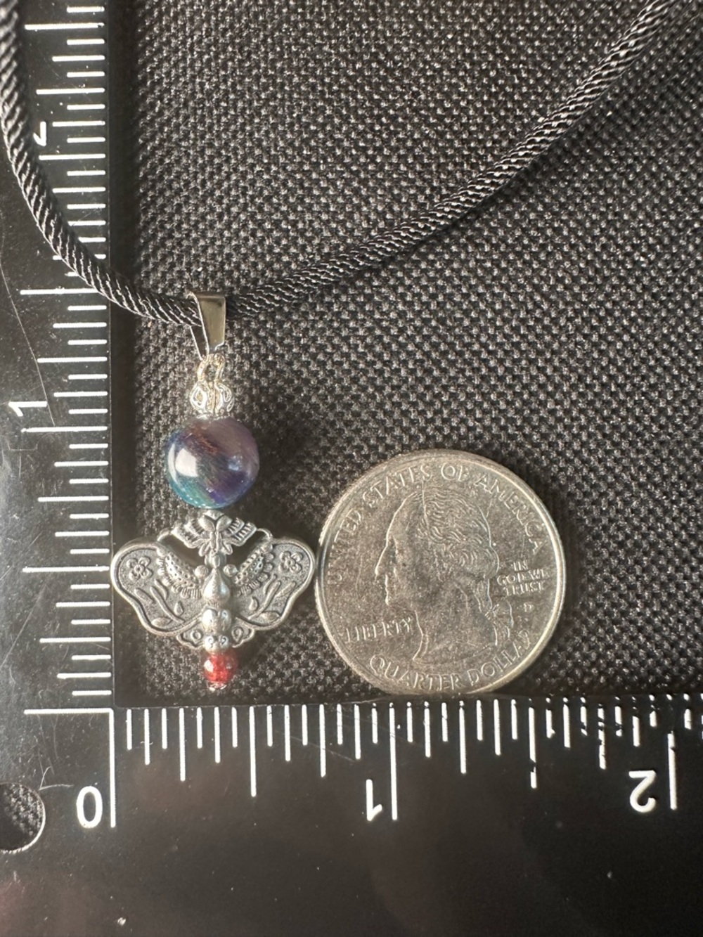 Silver Moth Charm Pendant Necklace with Garnet and Mystic Tiger’s Eye on Rope - Picture 11 of 12